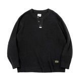 FOESCE Maden Workwear American Retro Black Knitted Henley Shirt Vertical Stripe Pullover Sweater for Men Autumn and Winter