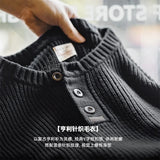 FOESCE Maden Workwear American Retro Black Knitted Henley Shirt Vertical Stripe Pullover Sweater for Men Autumn and Winter