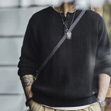 FOESCE Maden Workwear American Retro Black Knitted Henley Shirt Vertical Stripe Pullover Sweater for Men Autumn and Winter