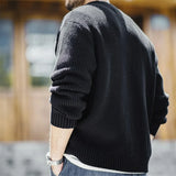 FOESCE Maden Workwear American Retro Black Knitted Henley Shirt Vertical Stripe Pullover Sweater for Men Autumn and Winter