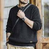 FOESCE Maden Workwear American Retro Black Knitted Henley Shirt Vertical Stripe Pullover Sweater for Men Autumn and Winter