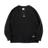 FOESCE Maden Workwear American Retro Black Knitted Henley Shirt Vertical Stripe Pullover Sweater for Men Autumn and Winter
