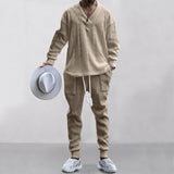 FOESCE Male Beach Set Quick Dry Hawaiian Casual Pants V-neck All Matching Jacquard Knit Men's Suit Solid Color Long-Sleeved Top+Pants