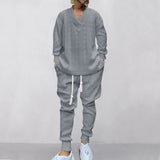 FOESCE Male Beach Set Quick Dry Hawaiian Casual Pants V-neck All Matching Jacquard Knit Men's Suit Solid Color Long-Sleeved Top+Pants