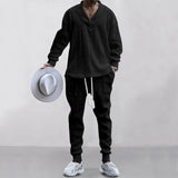 FOESCE Male Beach Set Quick Dry Hawaiian Casual Pants V-neck All Matching Jacquard Knit Men's Suit Solid Color Long-Sleeved Top+Pants