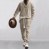 FOESCE Male Beach Set Quick Dry Hawaiian Casual Pants V-neck All Matching Jacquard Knit Men's Suit Solid Color Long-Sleeved Top+Pants