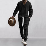 FOESCE Male Beach Set Quick Dry Hawaiian Casual Pants V-neck All Matching Jacquard Knit Men's Suit Solid Color Long-Sleeved Top+Pants