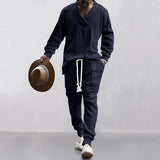 FOESCE Male Beach Set Quick Dry Hawaiian Casual Pants V-neck All Matching Jacquard Knit Men's Suit Solid Color Long-Sleeved Top+Pants