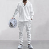 FOESCE Male Beach Set Quick Dry Hawaiian Casual Pants V-neck All Matching Jacquard Knit Men's Suit Solid Color Long-Sleeved Top+Pants