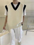FOESCE Man Clothes Beige Vest Waistcoat Knitted Sweaters for Men V Neck Sleeveless Order Korean Fashion Over Fit Knit Large Big Size X