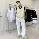 FOESCE Man Clothes Beige Vest Waistcoat Knitted Sweaters for Men V Neck Sleeveless Order Korean Fashion Over Fit Knit Large Big Size X