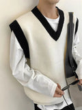 FOESCE Man Clothes Beige Vest Waistcoat Knitted Sweaters for Men V Neck Sleeveless Order Korean Fashion Over Fit Knit Large Big Size X