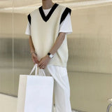 FOESCE Man Clothes Beige Vest Waistcoat Knitted Sweaters for Men V Neck Sleeveless Order Korean Fashion Over Fit Knit Large Big Size X