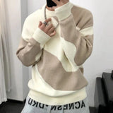 FOESCE Man Clothes Round Collar Pullovers Knitted Sweaters for Men Crewneck Color Matching Black Cigaret Casual Korean Style Jumpers S