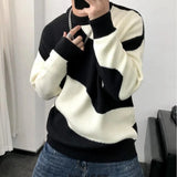 FOESCE Man Clothes Round Collar Pullovers Knitted Sweaters for Men Crewneck Color Matching Black Cigaret Casual Korean Style Jumpers S