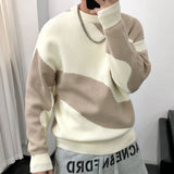 FOESCE Man Clothes Round Collar Pullovers Knitted Sweaters for Men Crewneck Color Matching Black Cigaret Casual Korean Style Jumpers S