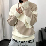 FOESCE Man Clothes Round Collar Pullovers Knitted Sweaters for Men Crewneck Color Matching Black Cigaret Casual Korean Style Jumpers S