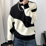 FOESCE Man Clothes Round Collar Pullovers Knitted Sweaters for Men Crewneck Color Matching Black Cigaret Casual Korean Style Jumpers S