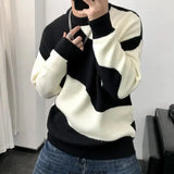 FOESCE Man Clothes Round Collar Pullovers Knitted Sweaters for Men Crewneck Color Matching Black Cigaret Casual Korean Style Jumpers S