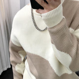 FOESCE Man Clothes Round Collar Pullovers Knitted Sweaters for Men Crewneck Color Matching Black Cigaret Casual Korean Style Jumpers S