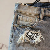 FOESCE Man Denim Shorts with Text Ripped Embroidery Short Jeans Pants for Men Designer Popular New in Original Trend 2025 Summer Retro