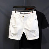 FOESCE Man Denim Shorts with Text Ripped Embroidery Short Jeans Pants for Men Designer Popular New in Original Trend 2025 Summer Retro