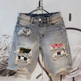 FOESCE Man Denim Shorts with Text Ripped Embroidery Short Jeans Pants for Men Designer Popular New in Original Trend 2025 Summer Retro