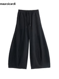 FOESCE Mauroicardi Autumn Black Flowy Baggy Wide Leg Pants for Mens with Drawstring Elastic Waist Streetwear Loose Casual Soft Trousers