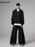 FOESCE Mauroicardi Autumn Black Flowy Baggy Wide Leg Pants for Mens with Drawstring Elastic Waist Streetwear Loose Casual Soft Trousers