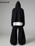 FOESCE Mauroicardi Autumn Black Flowy Baggy Wide Leg Pants for Mens with Drawstring Elastic Waist Streetwear Loose Casual Soft Trousers