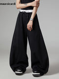 FOESCE Mauroicardi Autumn Black Flowy Baggy Wide Leg Pants for Mens with Drawstring Elastic Waist Streetwear Loose Casual Soft Trousers