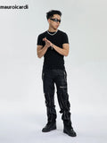 FOESCE Mauroicardi Spring Autumn Cool Black Pu Leather Pants Men with Many Zippers Belt Luxury Designer Clothing Trousers Fashions 2024