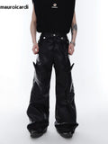 FOESCE Mauroicardi Spring Autumn Long Loose Casual Brown Black Pu Leather Pants Men Luxury Designer Clothing Wide Leg Trousers 2025