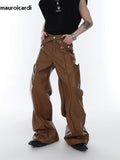 FOESCE Mauroicardi Spring Autumn Long Loose Casual Brown Black Pu Leather Pants Men Luxury Designer Clothing Wide Leg Trousers 2025