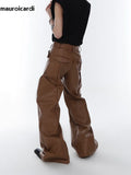 FOESCE Mauroicardi Spring Autumn Long Loose Casual Brown Black Pu Leather Pants Men Luxury Designer Clothing Wide Leg Trousers 2025