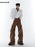 FOESCE Mauroicardi Spring Autumn Long Loose Casual Brown Black Pu Leather Pants Men Luxury Designer Clothing Wide Leg Trousers 2025