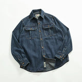 FOESCE May Khaki vintage striped denim shirt men do old wash American casual coat top