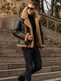 FOESCE Men Autumn Winter Coat Jacket Faux Leather Solid Color Turndown Collar Zippers Pockets Warm Comfortable Fashion Casual Regular