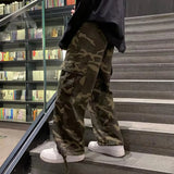 FOESCE Men Baggy Pants Camouflage Multiple Pockets Elastic Waist Ankle Tied Streetwear Spring Autumn Hip Hop Loose Trouser for Sports
