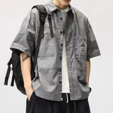FOESCE Men Cargo Shirt Lapel Casual Cardigan Hip Hop Buttons Single-breasted Cardigan Multi Pockets Cool Summer Men Tops Men Shirt