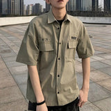 FOESCE Men Cargo Shirt Solid Color Hip Hop Work Summer Tops Short Sleeves Multi Pockets Turn-down Collar Armygreen Khaki Casual Shirts