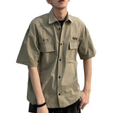 FOESCE Men Cargo Shirt Solid Color Hip Hop Work Summer Tops Short Sleeves Multi Pockets Turn-down Collar Armygreen Khaki Casual Shirts
