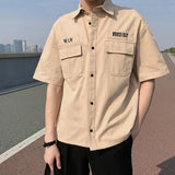 FOESCE Men Cargo Shirt Solid Color Hip Hop Work Summer Tops Short Sleeves Multi Pockets Turn-down Collar Armygreen Khaki Casual Shirts