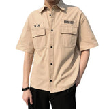 FOESCE Men Cargo Shirt Solid Color Hip Hop Work Summer Tops Short Sleeves Multi Pockets Turn-down Collar Armygreen Khaki Casual Shirts