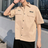 FOESCE Men Cargo Shirt Solid Color Hip Hop Work Summer Tops Short Sleeves Multi Pockets Turn-down Collar Armygreen Khaki Casual Shirts