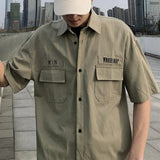 FOESCE Men Cargo Shirt Solid Color Hip Hop Work Summer Tops Short Sleeves Multi Pockets Turn-down Collar Armygreen Khaki Casual Shirts