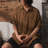 FOESCE Men Casual Loose Hollow Out Short Sleeve Shirts with pockets Retro Fashion Vacation/Daily All-Match Tops Solid Color