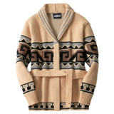 FOESCE Men Coats Thick Cardigan Sweaters Mid Length Coat Turn Down Collar Full Sleeve Print Casual Lace Up Belt Autumn Winter 2025