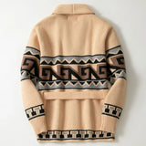 FOESCE Men Coats Thick Cardigan Sweaters Mid Length Coat Turn Down Collar Full Sleeve Print Casual Lace Up Belt Autumn Winter 2025