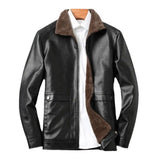FOESCE Men Faux Leather Jacket Stylish Men's Lapel Faux Leather Jacket with Plush Lining Side Pockets Windproof Biker for Winter